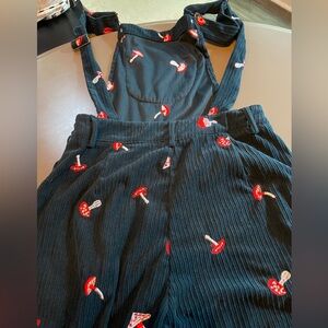 Cider Retro Mushroom Print Corduroy Overalls